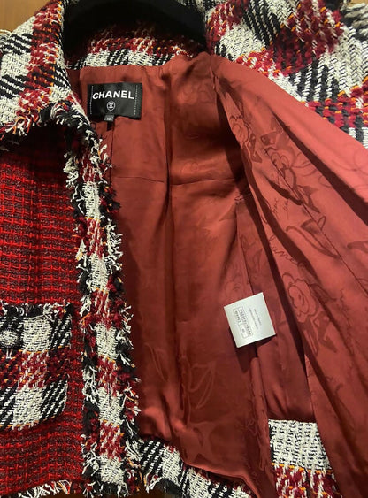 Chanel 16A Runway Burgundy Plaid Tweed Fringe Jacket FR 40