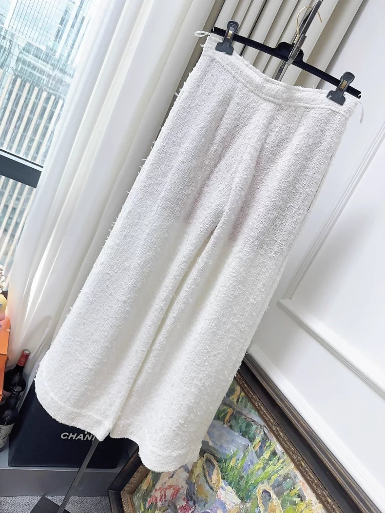 Chanel 21P ecru tweed wide-leg pants