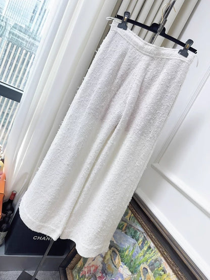 Chanel 21P ecru tweed wide-leg pants