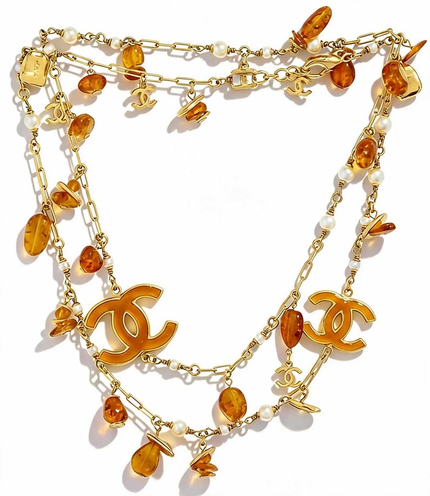 Chanel 11C Runway Amber Orange Gold Pearl Sautoir Long Strand Statement Necklace