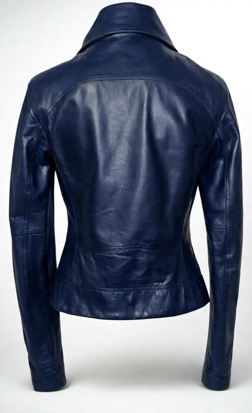 Chanel 12P Dark Blue Petrol Quilted Leather Biker Jacket FR 36
