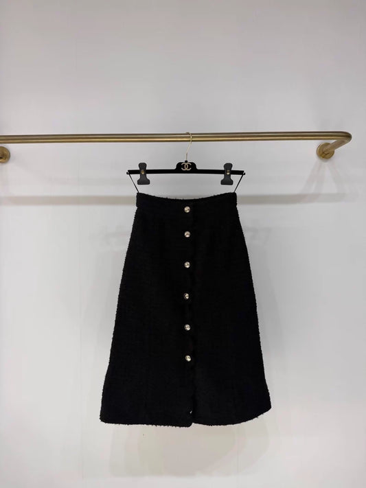 Chanel 20K Black Tweed Midi Skirt with Gold Buttons