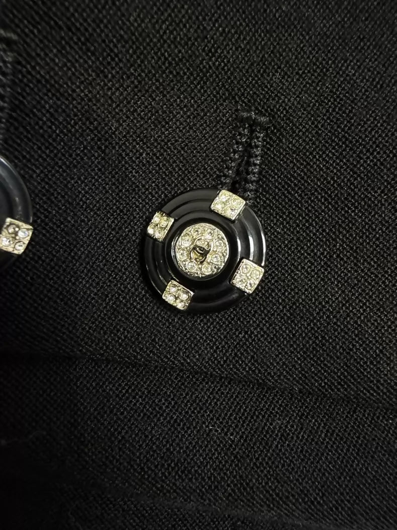 Chanel 06A black embroidered crystal button tweed jacket and skirt