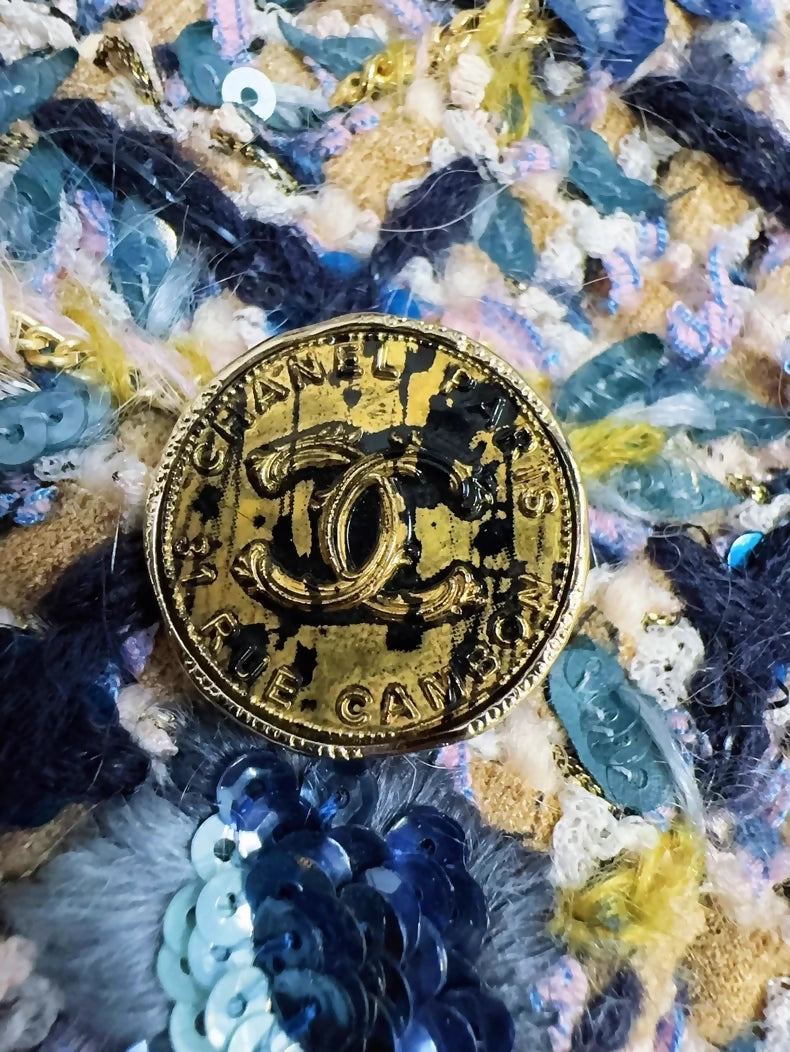 Chanel 21A khaki and blue sequined embroidered vest