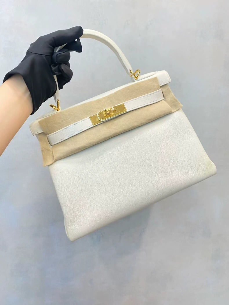 Hermes Kelly 28 01 Pure White togo leather Gold hardware