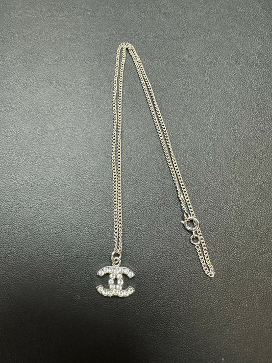 Chanel Vintage 05V Rhinestone CC Single-sided Silver Necklace