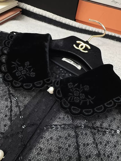 Miu Miu black silk and lace-trimmed shirt