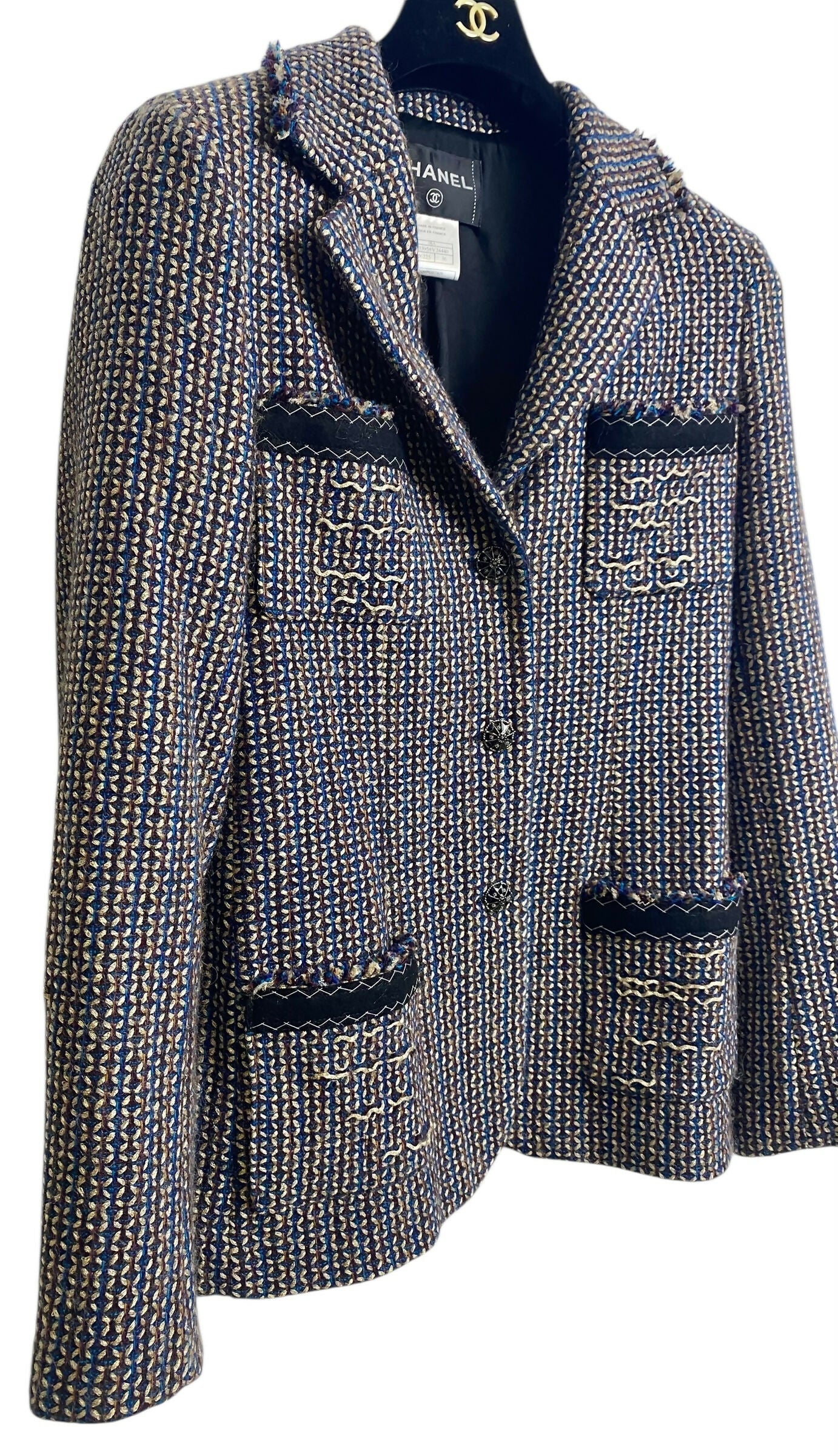 Rare Chanel 08A Runway Tweed Turquoise Blue Multicolor Gold Blazer Jacket FR 36