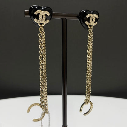 CHANEL 22B black rhinestone heart long chain earrings