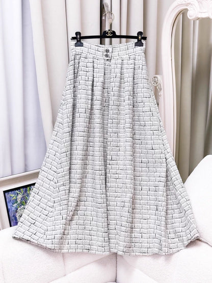 Chanel 22C Tweed Black, White, and Grey Check wide Pants