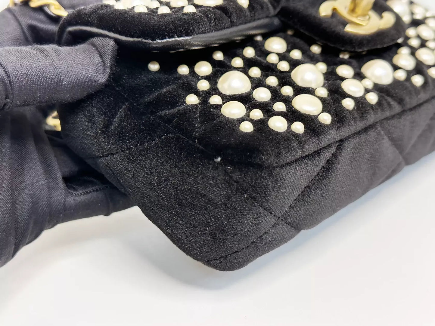 Chanel 2022 Mini Flap Bag in Black Velvet with Pearls and Gold Hardware