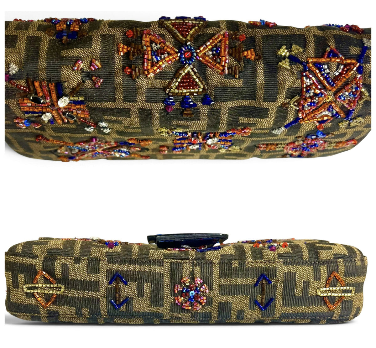 Fendi Vintage Blue Lizard Trimmed Embroidered Beaded Classic Zucca Baguette Bag