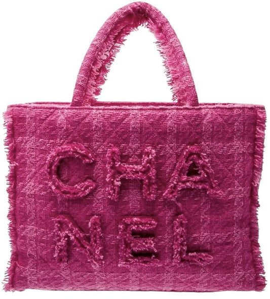 Chanel 19K Giant Large Logo Pink Fuscia Wool Tweed Shopping Bag GHW