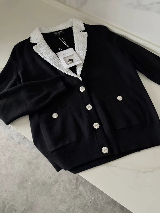 Chanel 23C White Sequined Collar Black Wool Cardigan