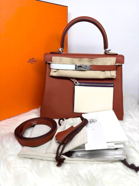 Hermes kelly 25 Colormatic Cuivre / Nata / Brume / Gold Swift palladium hardware