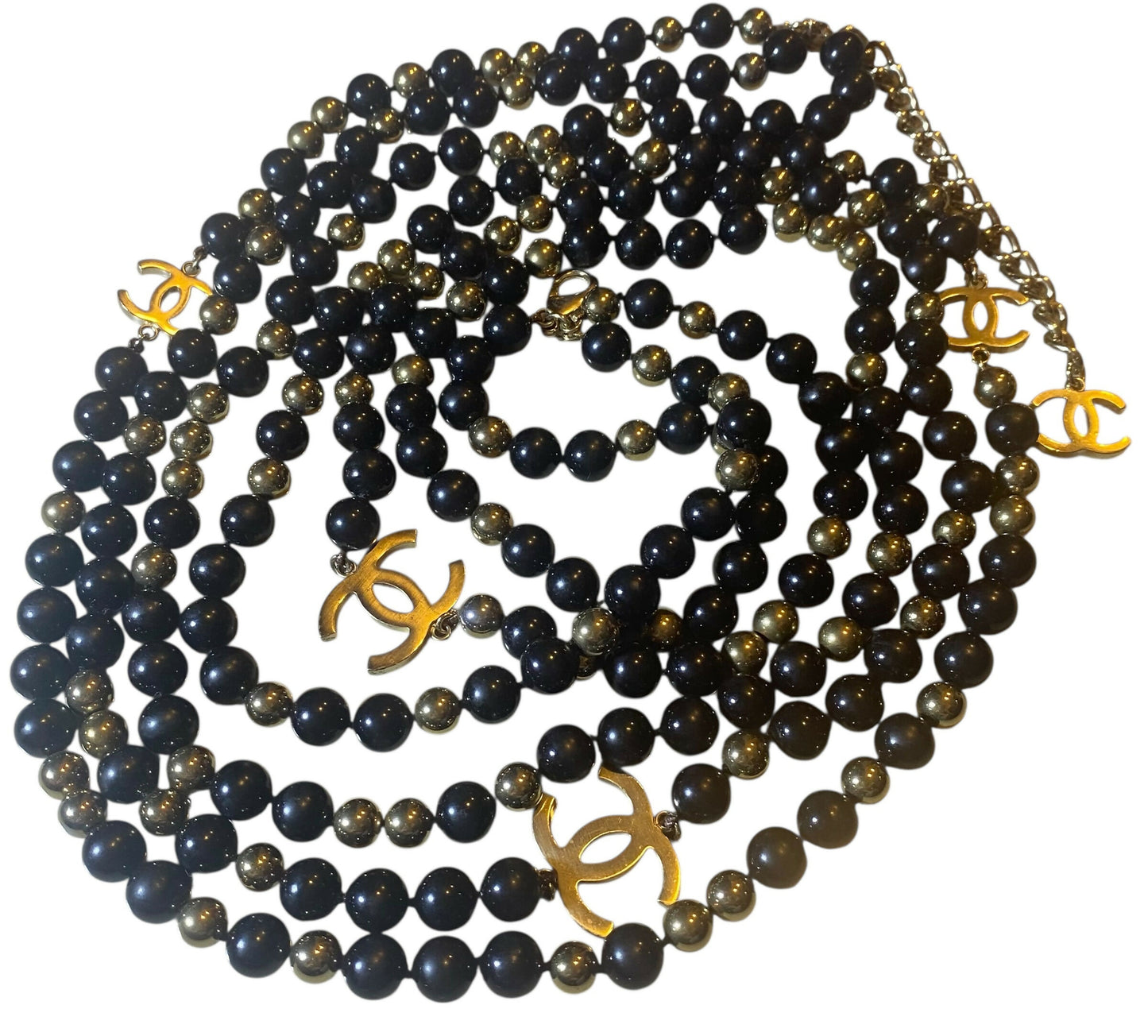 Chanel 16S Extra Long 3 Strand 4 CC Black Gold Mirror Beaded Necklace