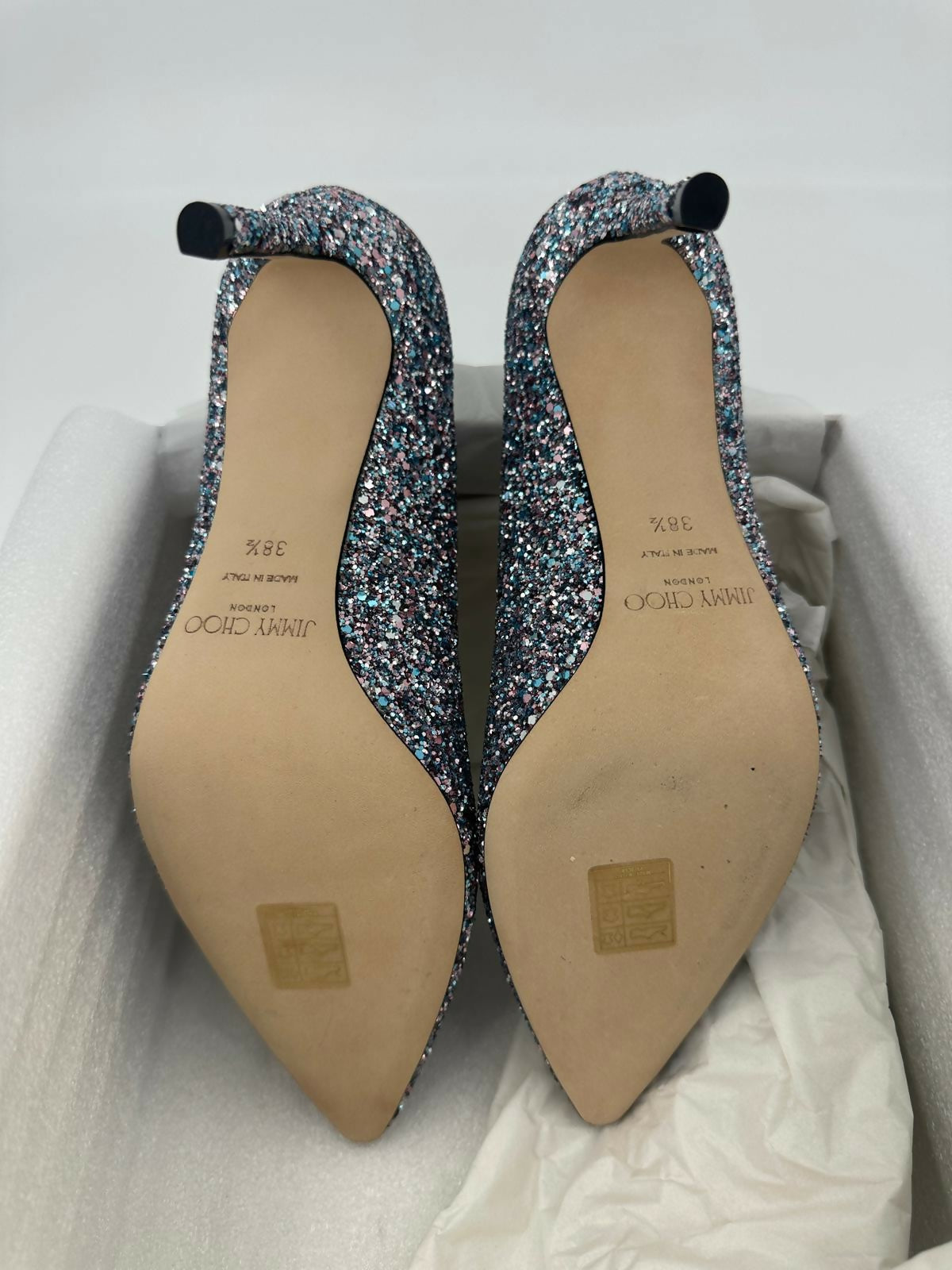 Jimmy Choo Romy Light Blue Multicolour Glitter Pumps Size 38.5