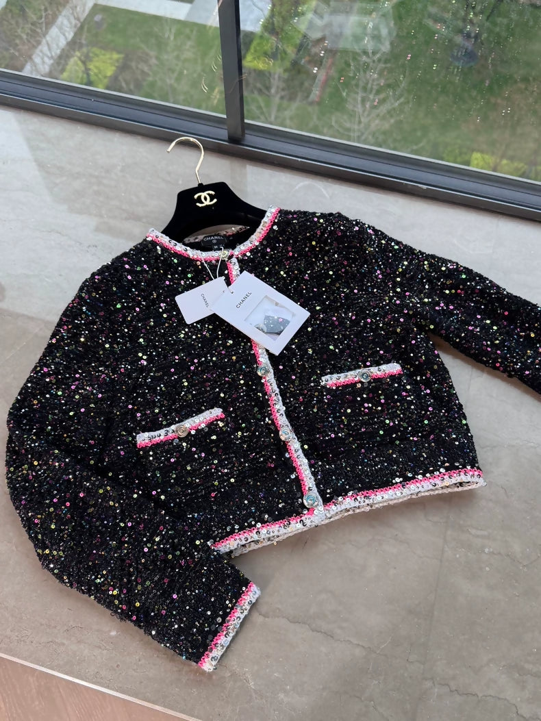 Chanel 24C Black and Pink Sequin Cardigan