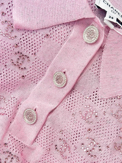 Chanel 23P pink polo dress with full rhinestone double C logo print