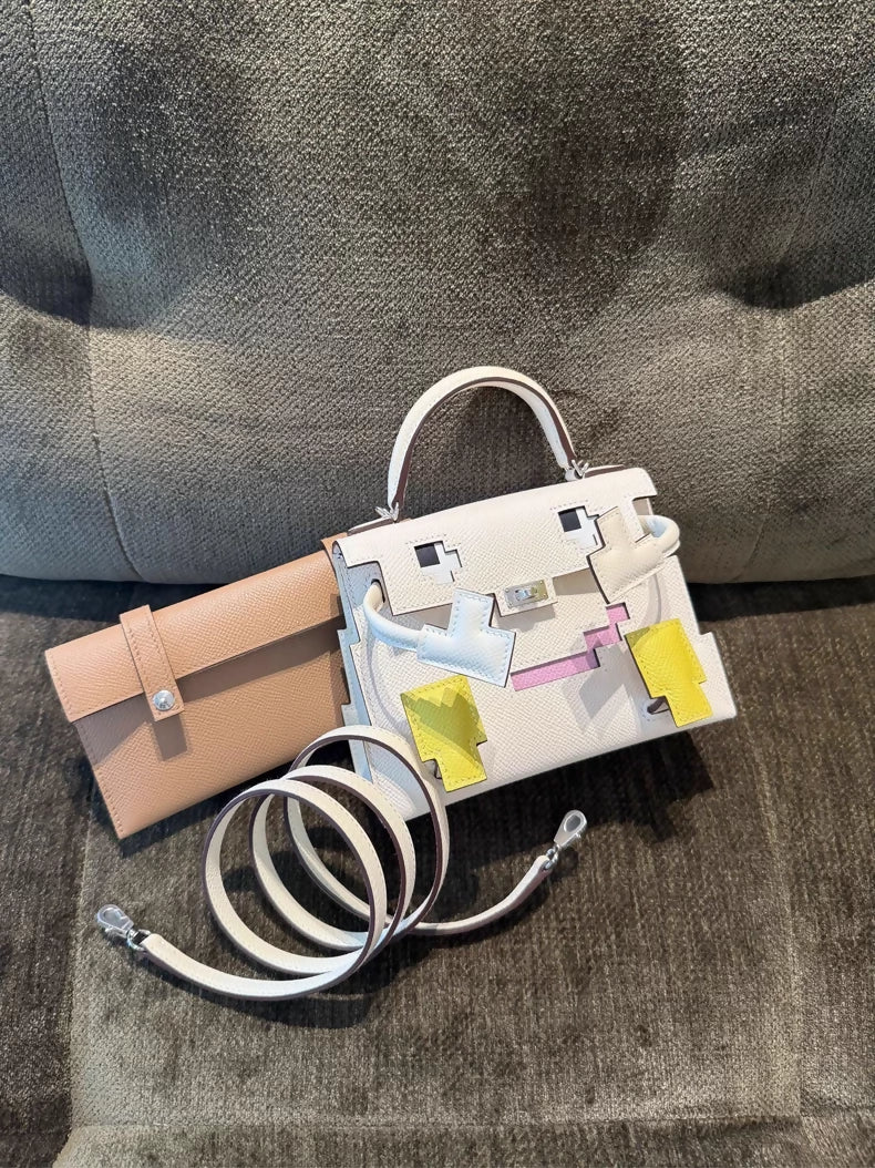 Hermès Kellydole Picto Epsom Nata / Lime / Mauve Sylvestre / Chai palladium hardware