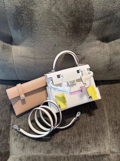 Hermès Kellydole Picto Epsom Nata / Lime / Mauve Sylvestre / Chai palladium hardware