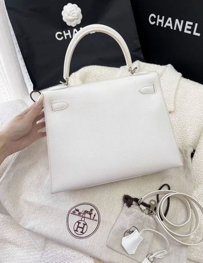 Hermes Kelly 28  pure white epsom leather palladium hardware