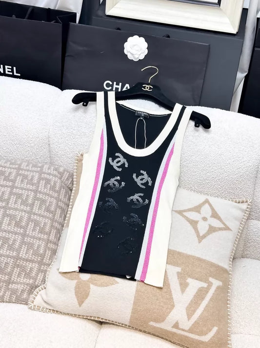 Chanel 23B black, pink, and white cc sequined knit top