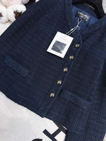 Chanel 23P navy blue and black tweed jacket