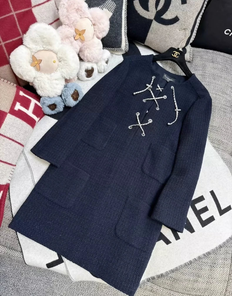 Chanel 21P Navy Blue Cross Drawstring Chain Tweed Dress