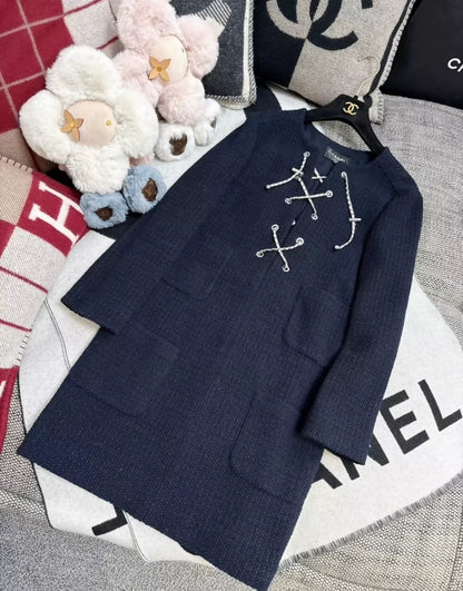 Chanel 21P Navy Blue Cross Drawstring Chain Tweed Dress