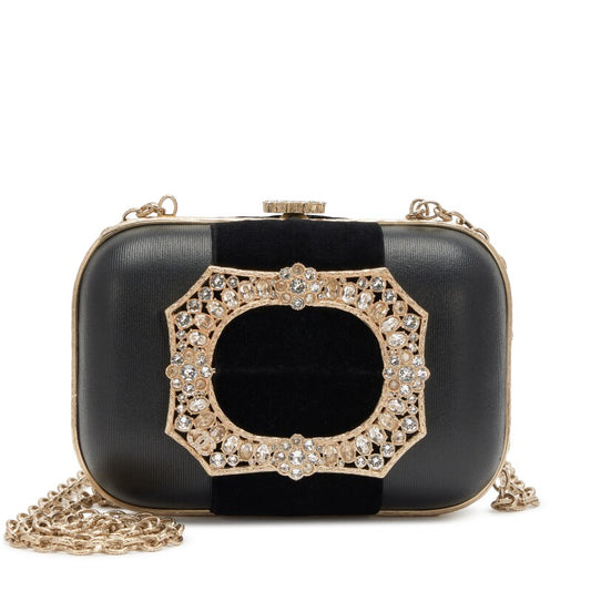 Chanel 2015 Paris-Salzburg Buckle Minaudière in Black Lambskin and Velvet Strass Embellished Light Gold Hardware