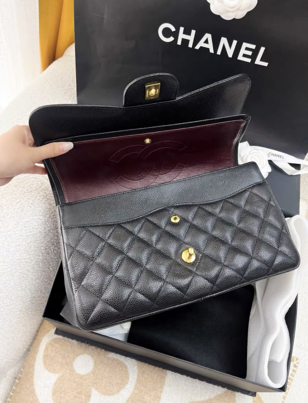 Chanel black lychee leather CF large jumbo chain bag