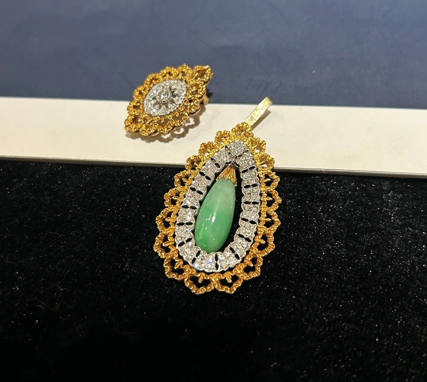 Buccellati Emerald Diamond Lace drop Ear Clips