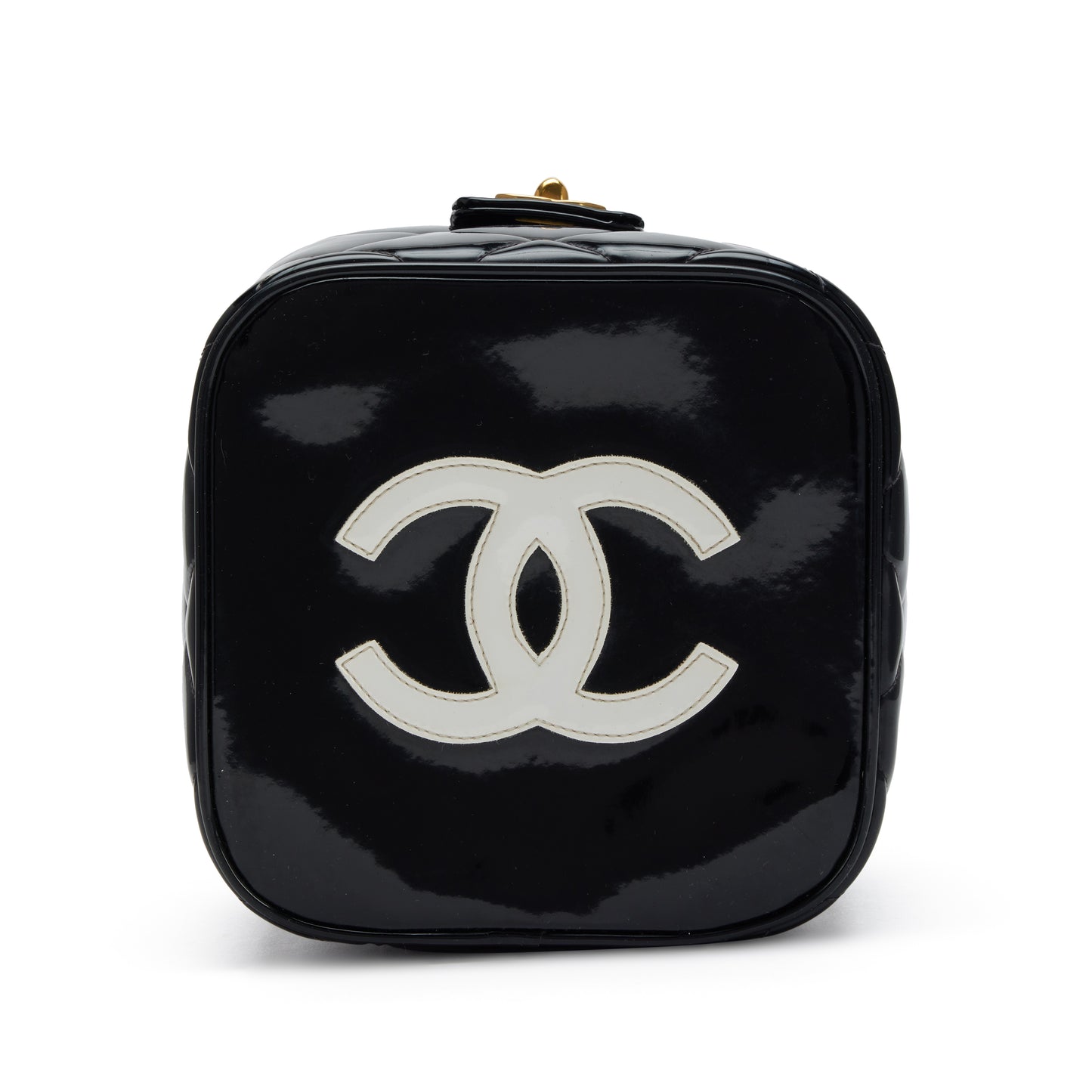 Chanel 1995 Black Quilted Patent Barbie Heart Mirror Vanity Case Bag Gold Hardware