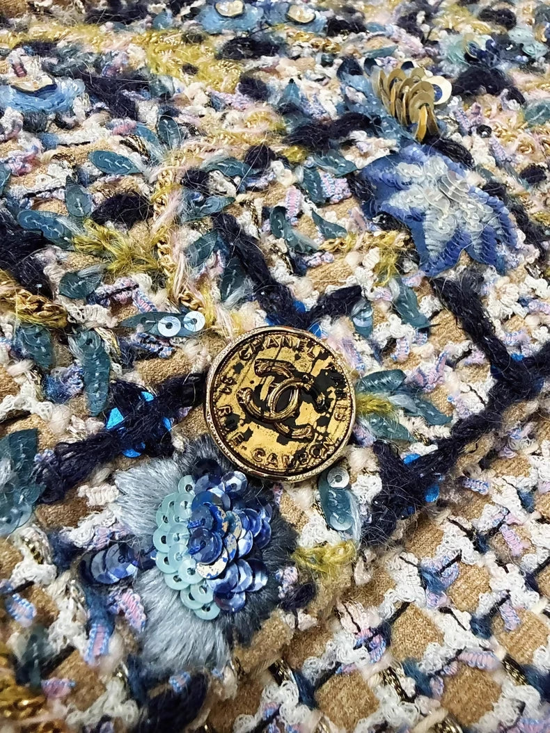 Chanel 21A khaki and blue sequined embroidered vest