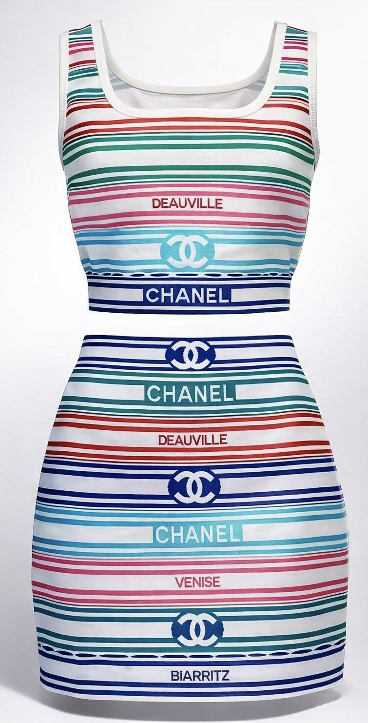 Chanel 19P Sand by the Sea Multicolor Stripe Crop Top Skirt Set FR 36