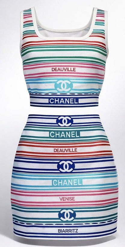 Chanel 19P Sand by the Sea Multicolor Stripe Crop Top Skirt Set FR 36