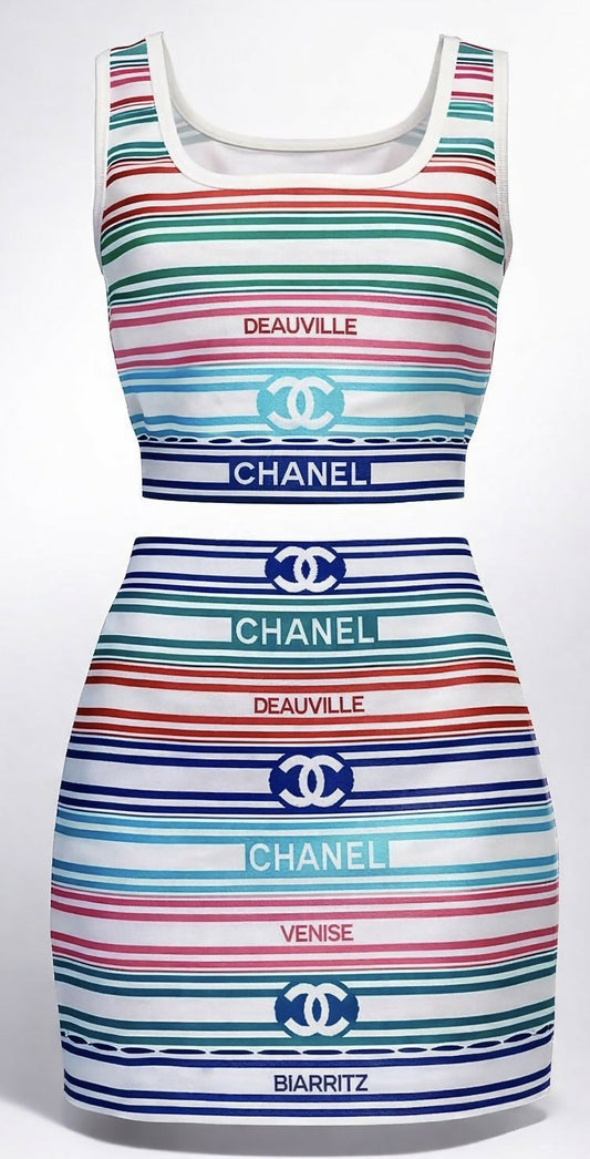 Chanel 19P Sand by the Sea Multicolor Stripe Crop Top Skirt Set FR 36