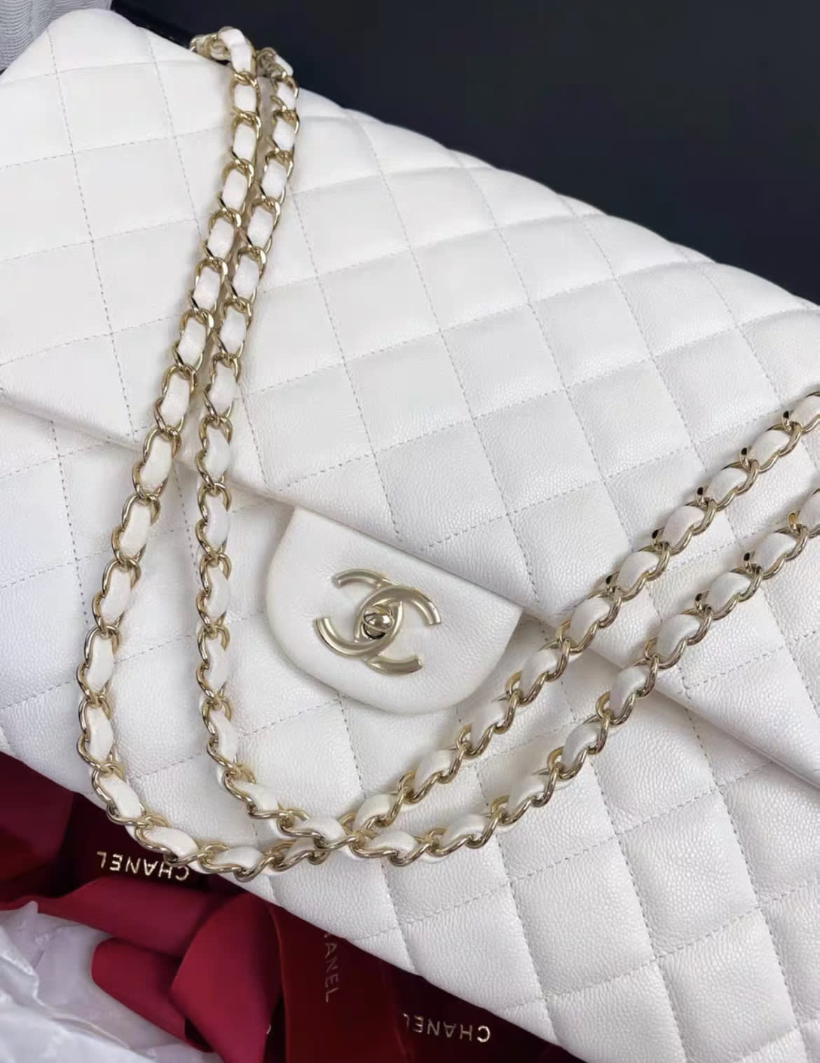 Chanel 24C white lychee leather maxi XXL airport bag cf chain bag