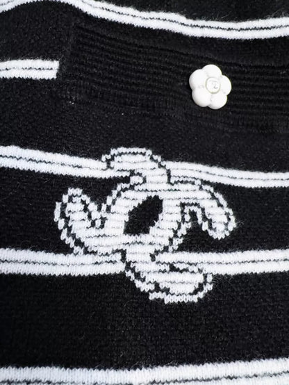Chanel 23k black and white striped camellia double C logo knit shorts