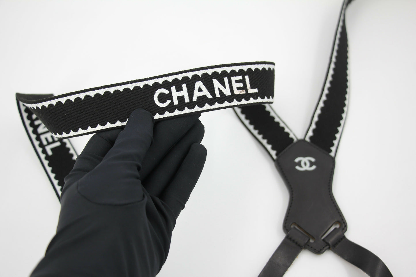 Chanel Vintage 94P Leather & Canvas Coco Mark Suspenders in Black with Gold Hardware
