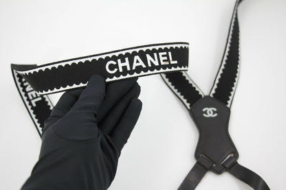 Chanel Vintage 94P Leather & Canvas Coco Mark Suspenders in Black with Gold Hardware