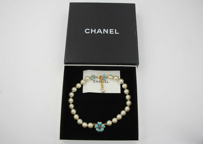 Chanel 97P Blue Gripoix Camellias Pearls Necklace