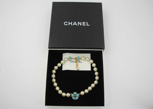 Chanel 97P Blue Gripoix Camellias Pearls Necklace
