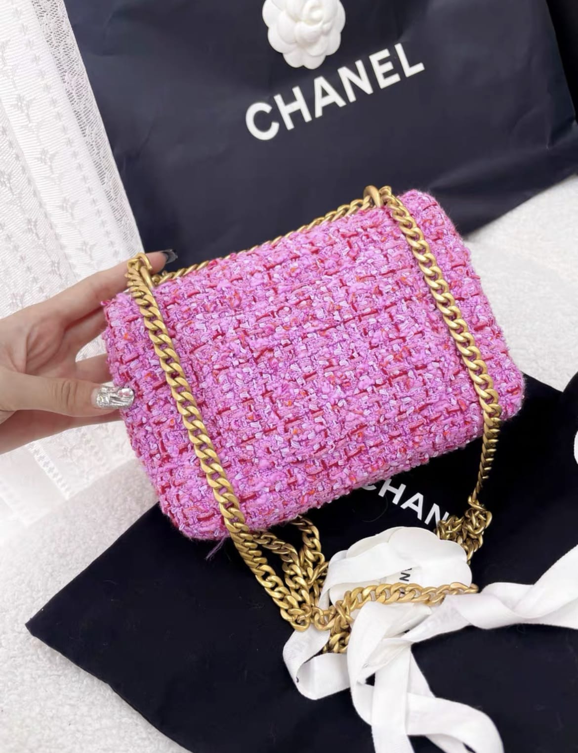 CHANEL 22P SQUARE FLAP BAG TWEED PINK WITH PINK HARDWARE