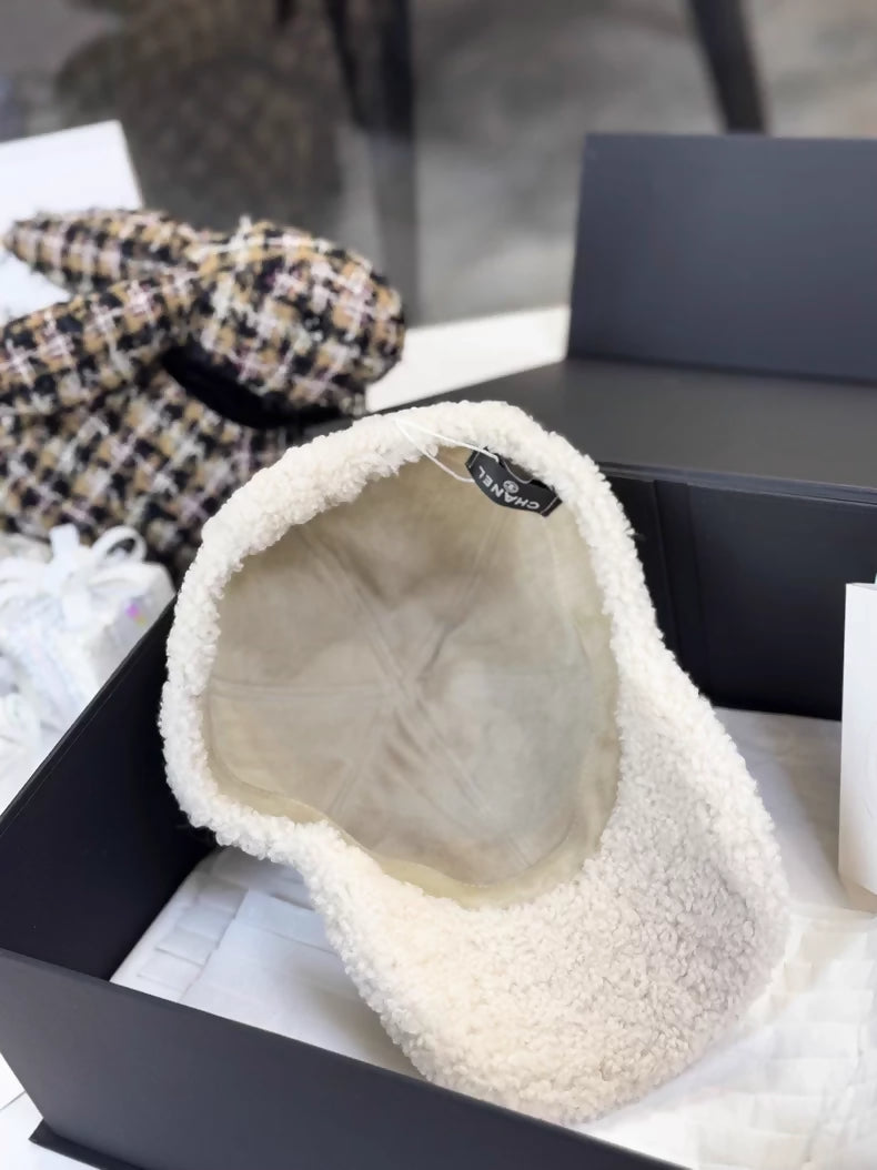 Chanel 25b off-white and black double C logo shearling baseball cap