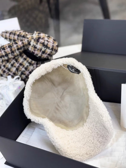 Chanel 25b off-white and black double C logo shearling baseball cap