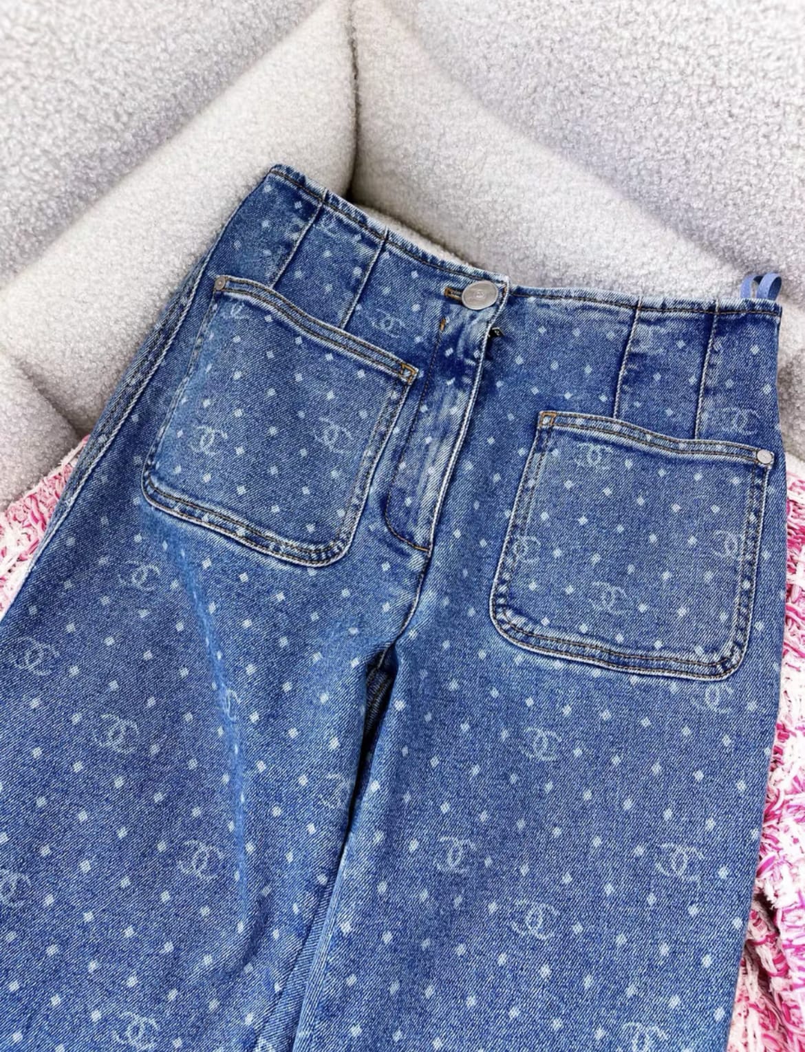 Chanel 23A blue denim polka dots cc logo