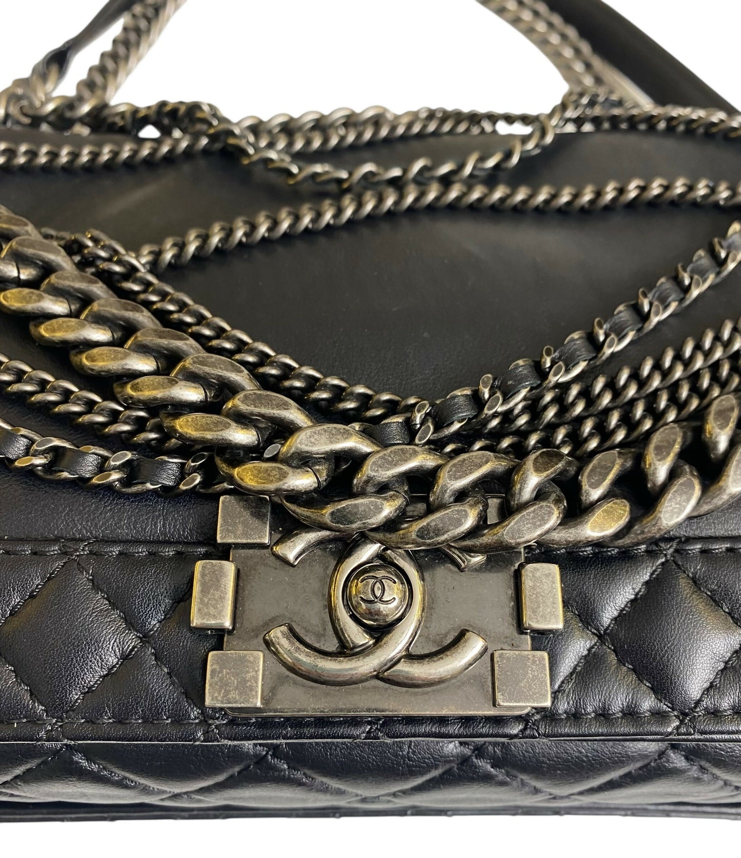Chanel 13A Enchained Boy Bag Black Leather Old Medium Flap Bag