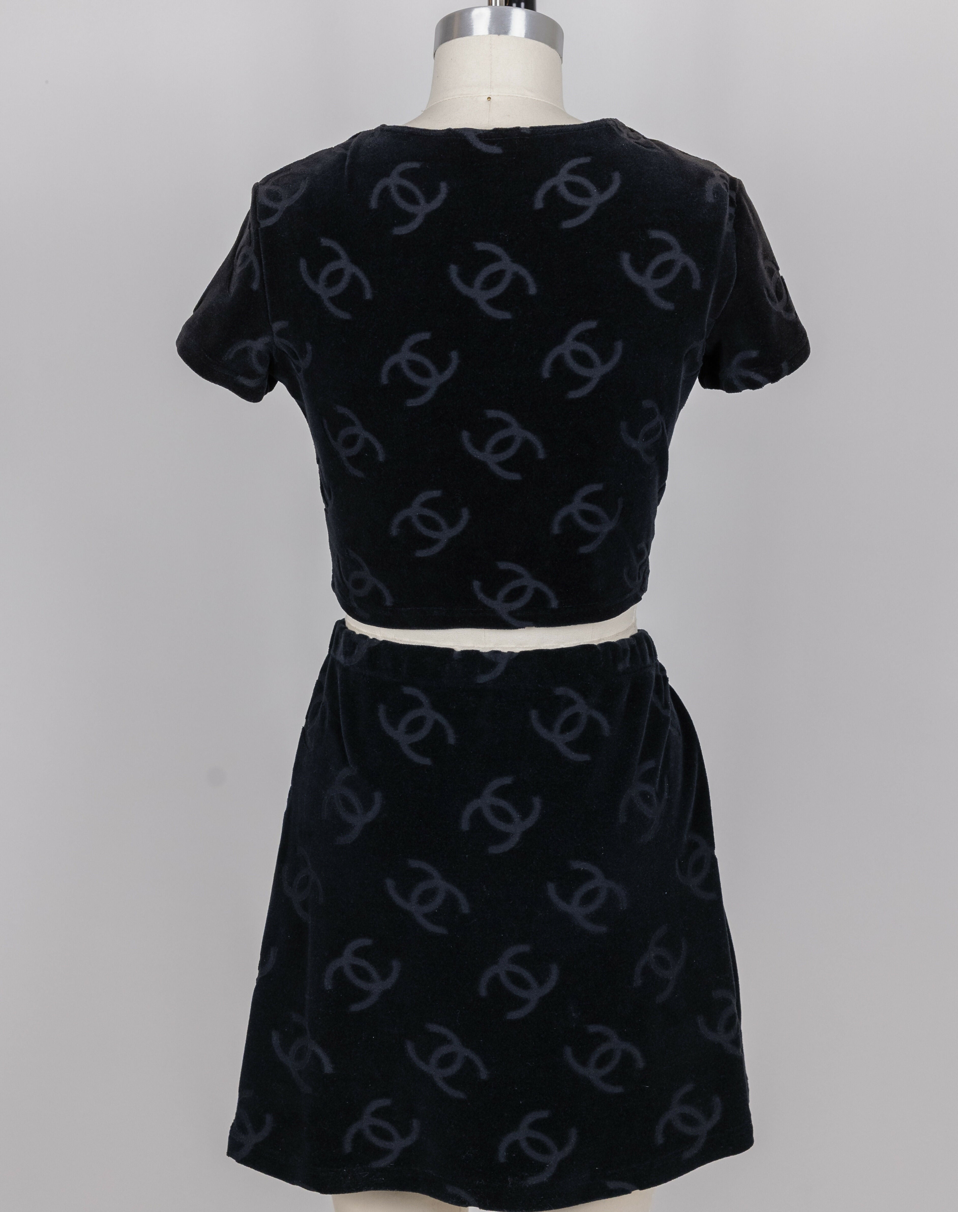 Chanel 1996 Spring/Summer Vintage Black Velour Logo Skirt Set